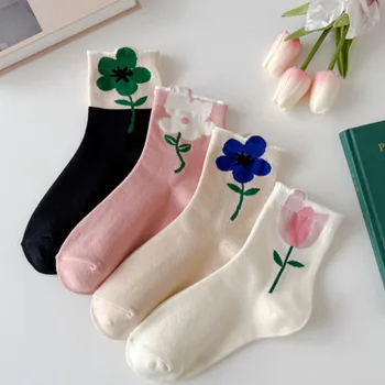 1 Пара женских носков Мультяшного цветка Карамельного цвета Harajuku Дышащий дизайн Корейский Стиль Японские Удобные Носки Новые 19