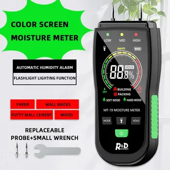 1 шт. Цветной экран MT19, измеритель влажности древесины, тестер влажности стен, детектор влажности картона, тестер влажности цементного кирпича 6