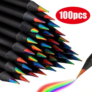 100шт 7 цветов Черные Деревянные цветные карандаши с радужной сердцевиной 7 цветов Радужные карандаши для рисования деревянными карандашами для студентов 17