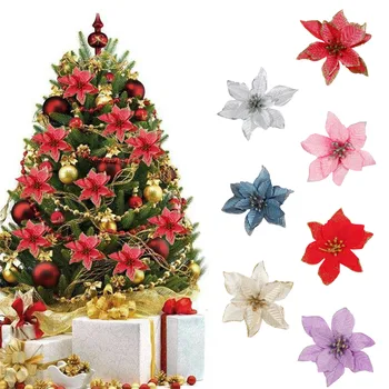 10шт 13см Искусственные рождественские цветы с блестками, украшения для Рождественской елки, Веселые рождественские украшения для дома, новогодние подарки Navidad 16
