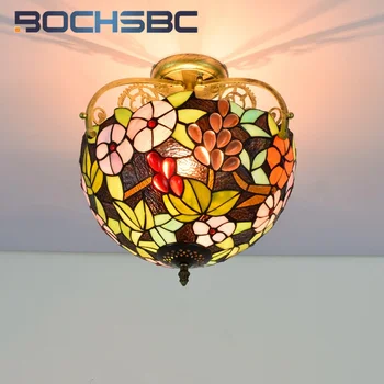 12-дюймовая люстра из виноградного витражного стекла BOCHSBC Tiffany в пасторальном стиле украшает столовую, прихожую, потолочный светильник в ванной комнате