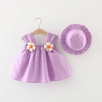 2 шт./компл., хлопковое Летнее платье принцессы для маленьких девочек, однотонное платье-слинг без рукавов с цветочным декором + шляпа 6 м-3 Т 9