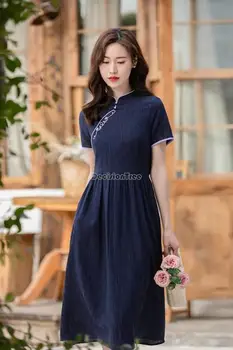 2023 китайское улучшенное платье чонсам женское с коротким рукавом и воротником стойкой новая мода с вышивкой ретро тонкое длинное платье ципао s475