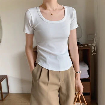 2023 Летняя новая женская футболка с U-образным вырезом и коротким рукавом, приталенная, стрейчевая, тонкая Корейская версия 6