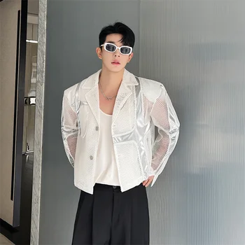 2023 Модный Открытый Сетчатый Лоскутный Сексуальный Короткий Блейзер Hombre Для мужчин, укороченные пиджаки в Корейском стиле 18