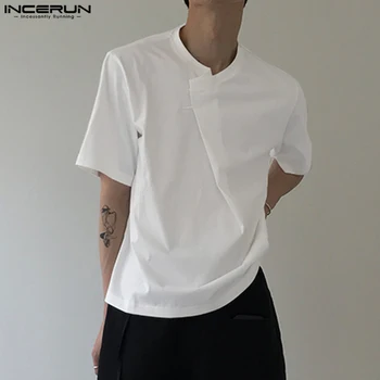 2023 Мужская футболка Летняя Однотонная с коротким рукавом, плиссированная, Свободная Мужская одежда в корейском стиле, Уличная мода, футболки, топы INCERUN 4