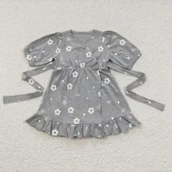 2023 Новая юбка для девочки Серого цвета с цветочным рисунком, кружевное платье на вязаном ремешке с короткими рукавами, летняя новая юбка для девочки