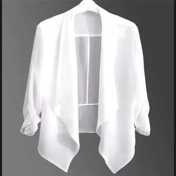2023 Новый Летний женский шифоновый кардиган с короткими оборками, блузки, офисные женские однотонные рубашки, Солнцезащитная одежда, пляжная рубашка WZ2235 8