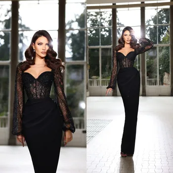 2023 Черное платье Русалки для выпускного вечера с кружевным бисером, вечернее платье с длинным рукавом, вечерние платья длиной до пола, одежда для вечеринок 16