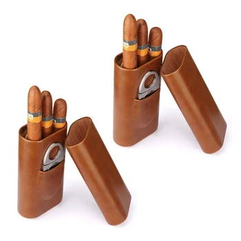 2X Высококачественные хьюмидоры на 3 пальца, портативная коробка для сигар, коричневый кожаный чехол для сигар с резаком для сигар 14