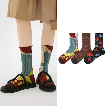 3 ШТ. Носки с принтом в стиле ретро для женщин, носки средней длины, осенние хлопчатобумажные Теплые Носки, подарок для мужской пары Подростков