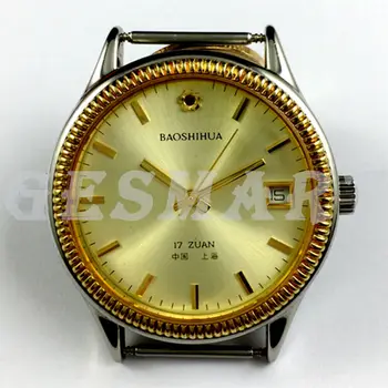 37 мм Шанхайские ручные механические часы Золотой гвоздь Золотой циферблат Круглый корпус 17 дюймов 13