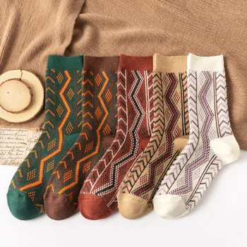 5 Пар модных теплых женских шерстяных носков в стиле ретро с геометрическим рисунком, женские повседневные носки в волнистую полоску средней длины 3