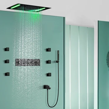 50x36 см матовая черная душевая система с постоянной температурой для ванной комнаты, многофункциональная душевая система со светодиодной подсветкой 8