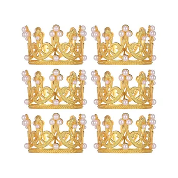 6 шт. Золотая Мини-корона, топпер для торта, маленькие хрустальные жемчужные топперы для кексов, Маленькая корона для кексов на свадьбу, День рождения 19