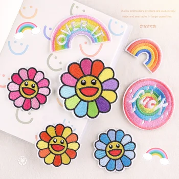 7 стилей смешанных мультяшных цветочных радужных нашивок для детской одежды, куртка с вышивкой, милая аппликация 