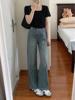 7221 Весенне-осенние модные женские прямые джинсовые брюки, женские однотонные Облегающие повседневные джинсы полной длины, Высококачественные брюки 16
