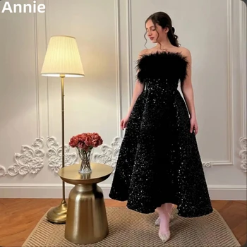 Annie Роскошные Платья для выпускного вечера с перьями, Черные Блестки, Vestidos De Fiesta Elegantes Para Mujer 2023, Изысканная А-образная форма 18