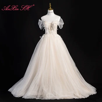 AnXin SH Fren ретро принцесса белое блестящее кружево на тонких бретельках, расшитое бисером, перья, жемчуг, кристалл, свадебное платье невесты в стиле Мори 13