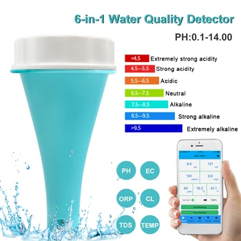 Bluetooth-совместимый PH-метр Цифровой PH-тестер 6-в-1 Измеритель PH / TDS / EC / CL / ORP / Temp Высокоточный Тестер качества воды 16