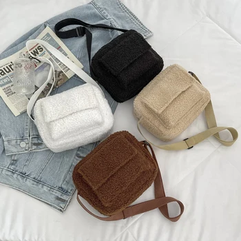 Fashion Shoulder Bags Women Lamb Wool Solid Color Chain Crossbody Messenger Bag for Travel Shopping сумка женская 2024 тренд 17