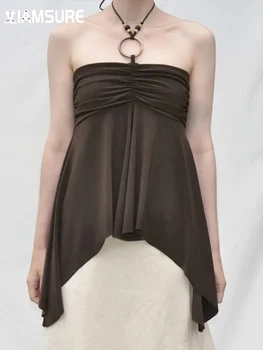 IAMSURE, Сексуальный однотонный топ-труба трапециевидной формы в складку, тонкие топы с вырезом лодочкой, без рукавов, с открытой спиной, женская летняя мода 2023 года, уличная одежда 20