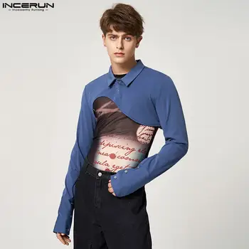 INCERUN Мужская рубашка нерегулярной формы, однотонный лацкан с длинным рукавом, уличная одежда 2023 года, сексуальные кроп-топы, мужская мода, индивидуальность, повседневные майки 10