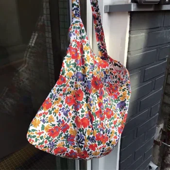 Ins Маленькая холщовая сумка через плечо с цветочным рисунком, повседневные сумки-тоут большой емкости для женщин