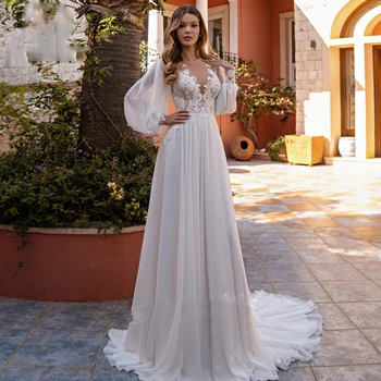Molisa Скромное шифоновое свадебное платье трапециевидной формы с V-образным вырезом 2022, Элегантное свадебное платье на пуговицах с аппликацией, женское платье с пышными рукавами в цветочек, Vestido De 17