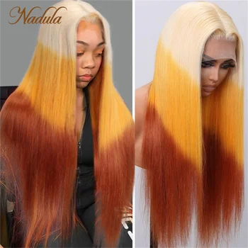 Nadula Прямые волосы 13x4 Парики на кружеве 3 тона наоборот, светлые, оранжевые и коричневые, омбре 150% плотности, многоцветные волосы для женщин 4