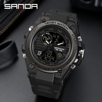 SANDA Люксовый бренд Мужские часы с двойным дисплеем Многофункциональный хронограф Спортивные часы на открытом воздухе для мужчин Военные часы 30 м Водонепроницаемые 9