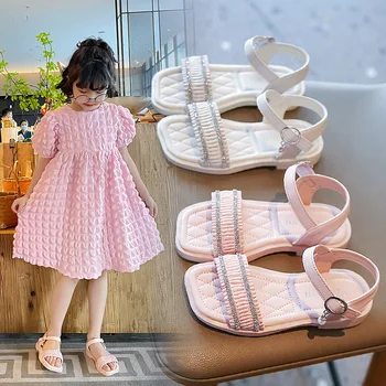 Sandalias 2023 Новые Летние Сандалии Для девочек с открытым носком, Корейская обувь принцессы на мягкой подошве, Детская Нескользящая Пляжная повседневная обувь с квадратным носком