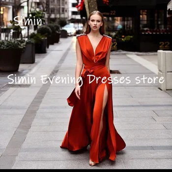 Simin Атласное платье для выпускного вечера А-силуэта с V-образным вырезом и пайетками, с рюшами, длиной до пола, элегантные вечерние платья для женщин 2023 г. 8