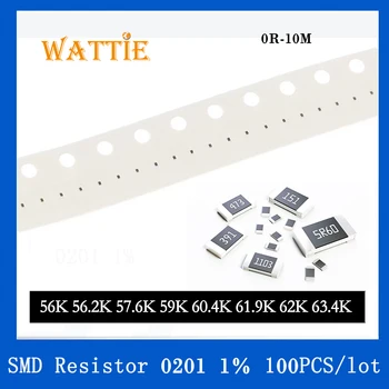 SMD резистор 0201 1% 56K 56.2K 57.6K 59K 60.4K 61.9K 62K 63.4K 100 шт./лот микросхемные резисторы 1/20 Вт 0.6 мм * 0.3 мм 20