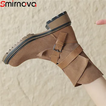 Smirnova 2023, Новые ботинки из коровьей замши на молнии, сапоги до середины икры на квадратном среднем каблуке, женские зимние ботинки на платформе с пряжкой. 8