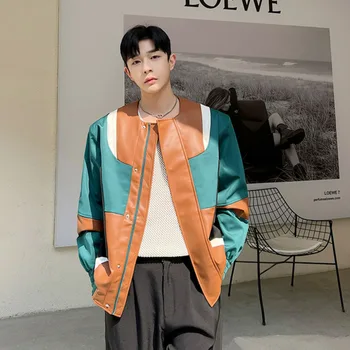 SYUHGFA, мужские куртки, нишевый дизайн, Контрастный цвет, Кожаный кардиган на молнии, трендовая мотоциклетная одежда, Корейская мода, пальто из искусственной кожи 1