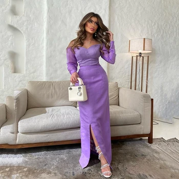 UZN Современные фиолетовые платья русалки для выпускного вечера с открытыми плечами, вечернее платье с длинными рукавами, атласные платья для вечеринок в Саудовской Аравии с разрезом 2023 г. 10