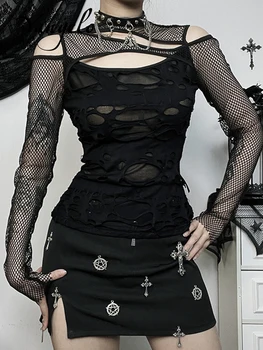Yangelo, темная готическая футболка с сетчатыми отверстиями, женская одежда в стиле панк E-girls, без бретелек, гранж, Y2K 15