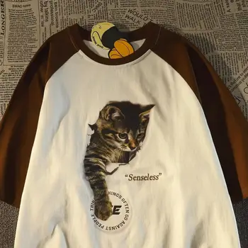 Американская ретро-футболка с рисунком кота из мультфильма, подходящая по цвету для мужчин и женщин, летняя свободная пара с ленивым ветром, универсальная одеж... 16