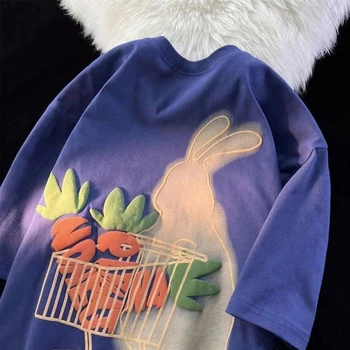 Американский веселый Ретро-кролик, покупающий редиску, футболка из чистого хлопка с коротким рукавом, универсальное повседневное парное платье для мужчин и женщин Y2k Top 6