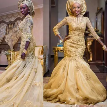 Африканская Русалка Золотого цвета, свадебные платья больших размеров, свадебное платье с глубоким вырезом, длинные рукава, кружевные аппликации, Придворные свадебные платья со шлейфом
