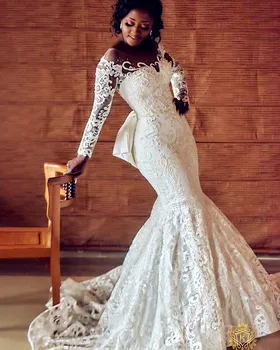 Африканское свадебное платье Русалка Свадебные платья Vestido de novia С длинным рукавом Кружевное Роскошное Мусульманское платье 5
