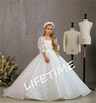 Белое платье с цветочным узором для девочек, кружевное платье принцессы для девочек, платья для первого причастия с длинным рукавом, детские платья для свадебной вечеринки 16