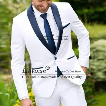 Белый мужской костюм с темно-синей шалью на лацкане, костюм жениха, блейзер + брюки, сшитый на заказ Смокинг жениха, Костюм шафера для свадьбы 18