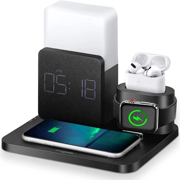 Беспроводное зарядное устройство Станция быстрой зарядки 3 в 1 Цифровой будильник ночник Совместимый для зарядки Iphone 13 Iwatch/airpods