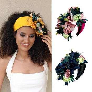 Большая Широкая повязка на голову с объемными цветами для женщин, модный цветочный боковой лист, Декоративная лента для волос ручной работы, аксессуары для фестивалей и вечеринок