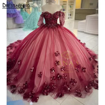 Бордовое бальное платье, пышные платья, 3D цветы, бусины, кружевная аппликация, милое платье 15-16, праздничная одежда Xv Años 2