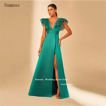 Вечерние платья Sumnus Green Винтажные атласные С глубоким V-образным вырезом и открытой спиной, Длинные платья трапециевидной формы с высоким разрезом, вечерние платья Vestidos De Noche 2023 19
