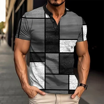 Винтажные рубашки Henley с цветным блоком, 3D принт, мужская уличная одежда, футболка на пуговицах с коротким рукавом, Мужские футболки, топы, одежда 8