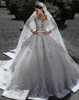 Гламурное бальное платье с длинным рукавом, свадебные платья со шлейфом, кружевные аппликации, свадебные платья Robe De Mariée 7